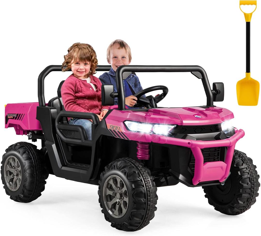 Costzon Ride On Dump Truck with Remote Control, 12V Electric Kids UTV w/Electric Dump Bed, Rocking Function, Shovel, 4 Spring Suspensions, Wireless Design, 2-Seater Ride on Car Gift for Kids (Pink)