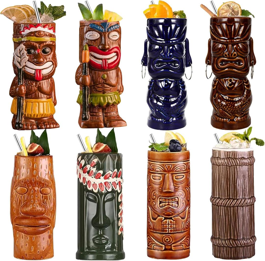 Cocktail Tiki Mugs Set Of 8 - Cute Ceramic Hawaiian Style Cocktail Glasses For Party And Tropical Tiki BarMai Tai Drinkware