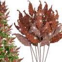 HyDren 10 Pcs Christmas Glitter Leaves Large Ornaments for Christmas Tree Picks Sprays Artificial Stems Branches Twigs Sprigs Floral for Xmas Tree Wreath Garland Vase DIY Decor(Brown)