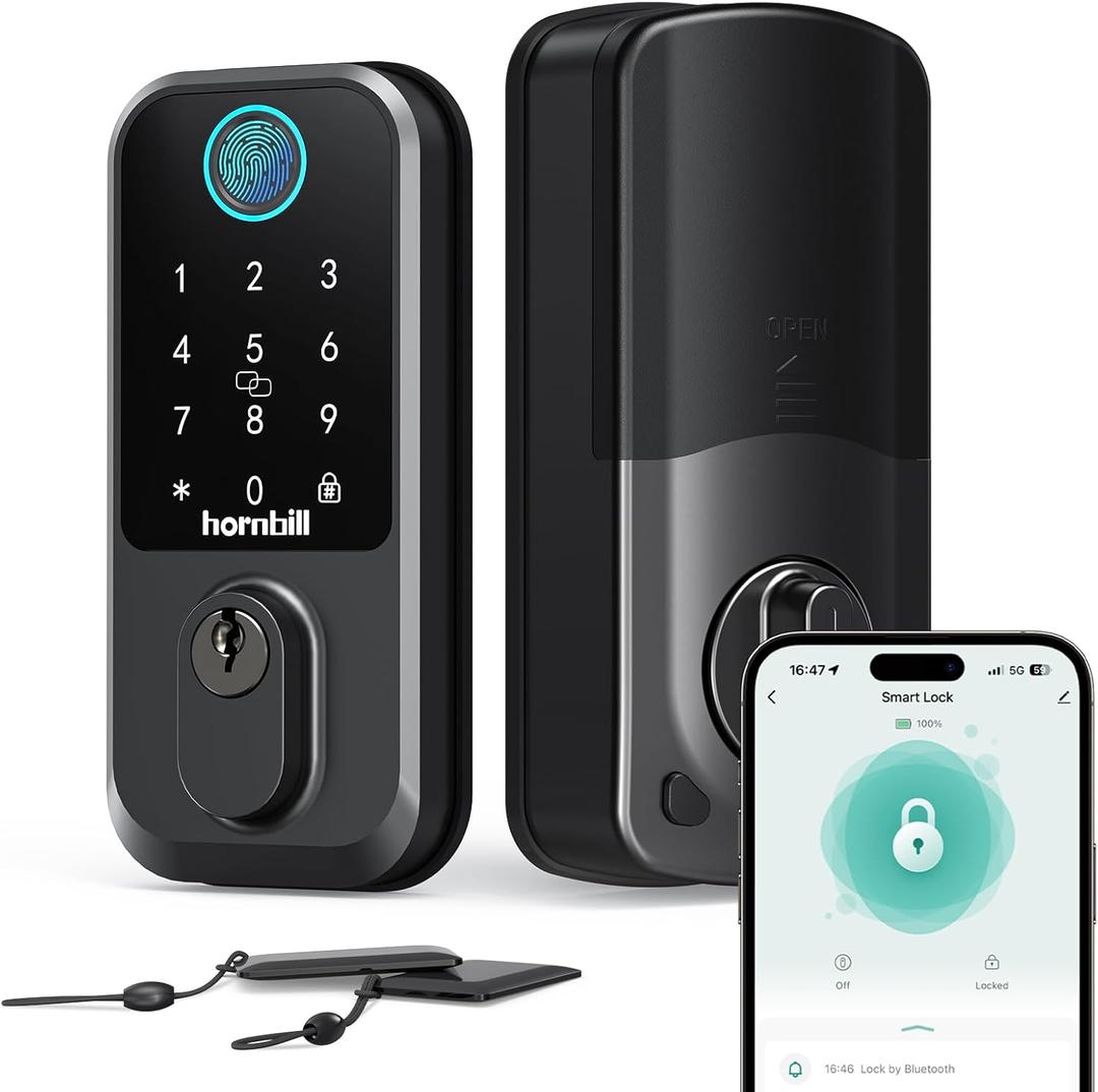 Keyless Entry Wi-Fi Smart Lock: Hornbill Fingerprint Lock for Exterior Doors, Biometric Smart Deadbolt Locks for Front Door, Keypad Deadbolt with Auto-Lock for Rentals Home, Matte Black