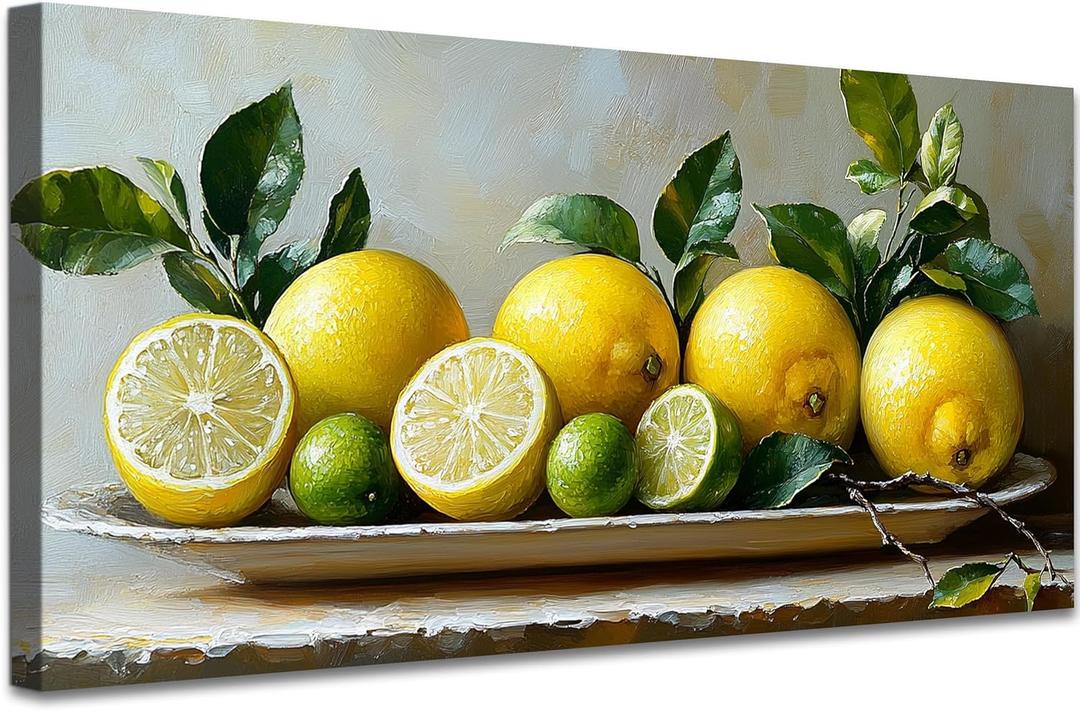 ANRUOXI Lemon Wall Art, Lemon Art Pictures for Kitchen, Fruit Painting Artwork for Dining Room Living Room, Farmhouse Citrus Canvas Painting Rustic Framed Ready To Hang 12x24''