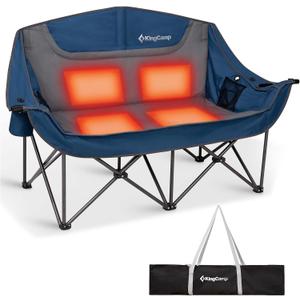KingCamp Heated Double Camping Chair, Oversized 880lbs Heavy Duty Loveseat for Adults Portable Folding XL 2 Person Couch Padded Comfortable with 3 Heat Levels for Outdoor Sports Lawn, Blue/Grey, X-Large