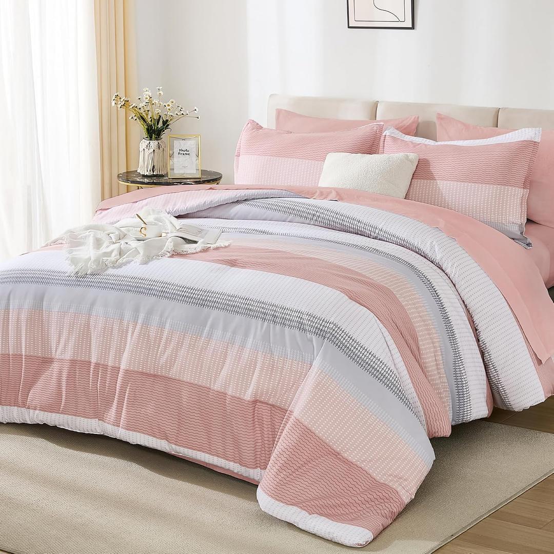 Andency King Size Comforter Set 7 Pieces - Pink Striped Lightweight Bed in a Bag, Fully Breathable All Season Bedding Set with Comforter, Fitted & Flat Sheet, Pillowcases & Shams