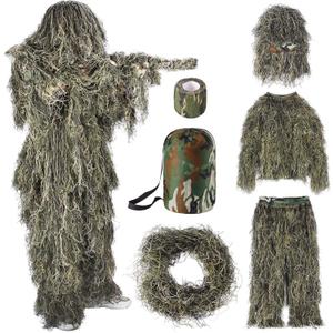 Ghillie Suit, 5 in 1 Ghillie Suit for Men Including Jacket, Pants, Hood, Carry Bag and Camo Tapes, Helloween Costumes (Medium/Large)