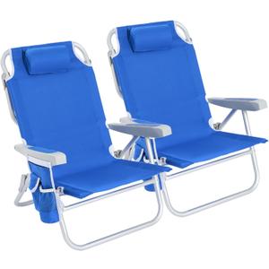 SUNNYFEEL Low Beach Chair 2 Pack, 5-Position Lay Flat Reclining, Backpack Portable Folding Chairs with Cooler Bag & Cup Holder, Heavy Duty 350 LBS, Compact for Beach, Camping, Travel