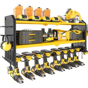 KAFAHOM Power Tool Organizer Large 8 Drill Holder Wall Mount ，Heavy Duty Metal Tool Shelf with 12 Hooks Storage Rack for Garage Organization Utility Cordless Drill Holder and Battery Shelves
