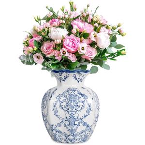 Chinoiserie Ceramic Vase,Blue and White Vase,Vintage Vases,Flower Vase for Centerpiece,Chinese Cute Vases for Living Room, Office,Home Decor,French Country Decor (Blue White, Small)