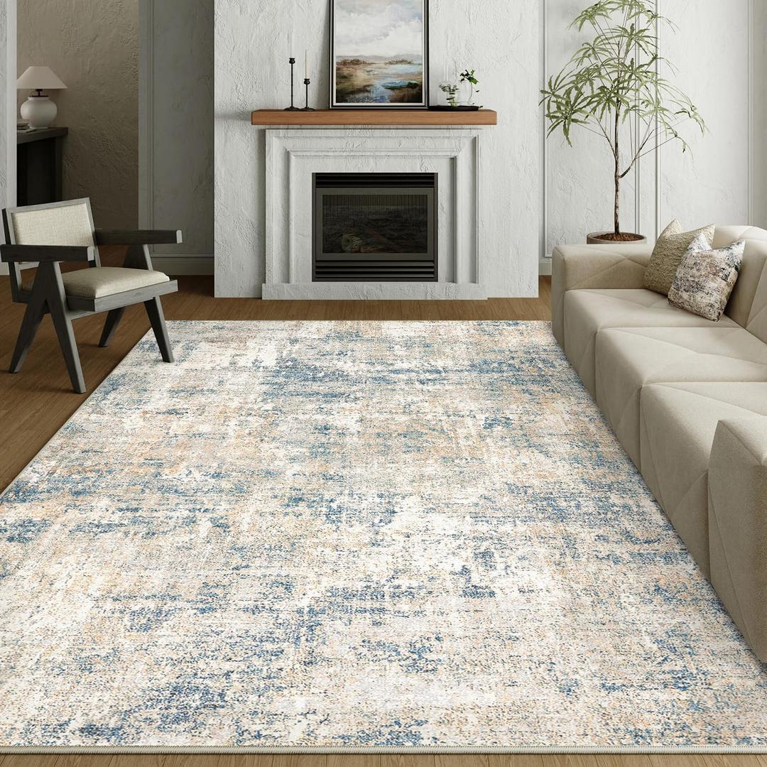 Machine Washable Area Rug 6x9 Blue Brown Large Living Room Indoor Accent Rug Neutral Modern Abstract Low Pile Carpet Non Slip Distressed Throw Rug Bedroom Office Dining Room (6' x 9' (Rectangular), Abstract Blue Brown)