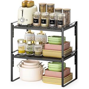 2 Pack Kitchen Countertop Organizer, Stackable Cabinet Shelf Organizer, 2 Tier Adjustable Kitchen Counter Shelves Riser For Pantry Cupboard Bathroom Organization And Storage, Desk Shelf,Spice Rack (8.46''D*13''W*8.26''H, Black)