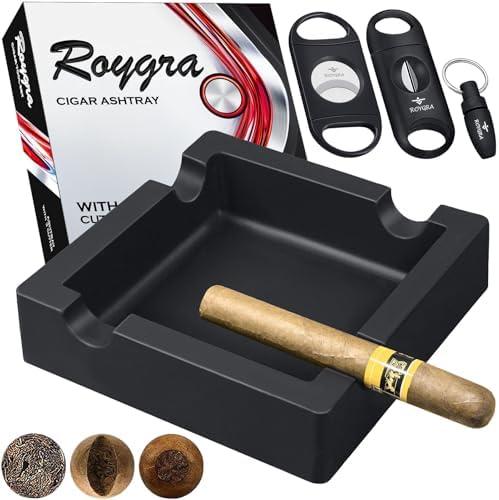 roygra Outdoor Ashtray, Ash Tray Outdoors, Cigar Ashtray for Outside Patio with 3 Cutters, Silicone Ashtrays for Outdoors with 4 Holder, Cigars Smoking Accessories for Men, Home Décor Smokers Indoor