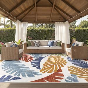 GENIMO Outdoor & Indoor Area Rug 10'x14', Waterproof, Non-Shedding, Easy Cleaning, Leaf Mat for Patio, Living Room, Balcony, Dining Room, RV, Deck, Bedroom, Camping, Outside Carpet, Rust Navy