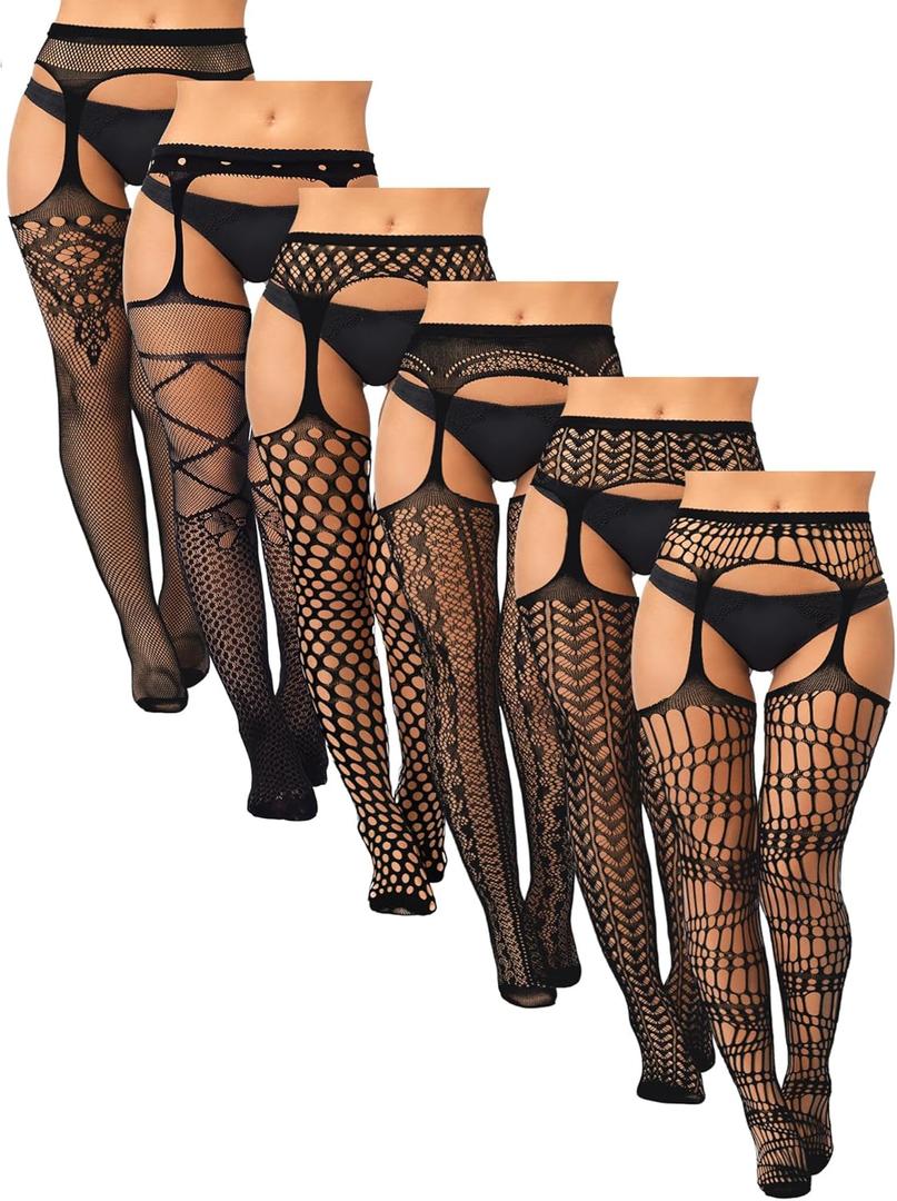 Skylety 6 Pairs Fishnet Stockings for Women Plus Size Thigh-high Tights Stockings Suspender Pantyhose Garter Belts (X-Large-XX-Large, Elegant Black)