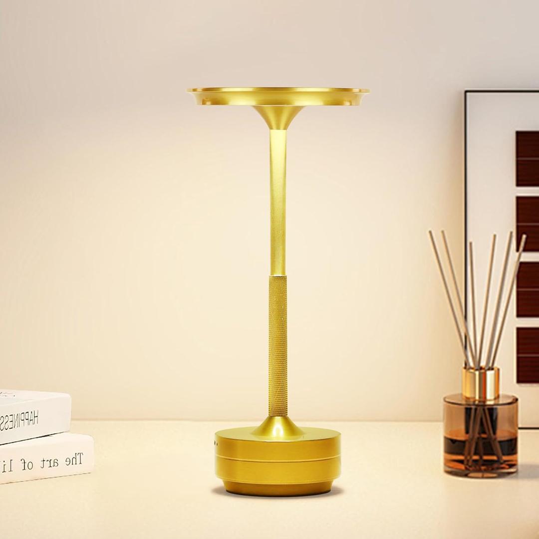 Cordless Table Lamp Rechargeable, 5200mAh Battery Operated Table Light, 3 Color Stepless Dimming Portable Outdoor Touch Lamps for Patio Dining Office Bar Restaurant Hotel (Gold)