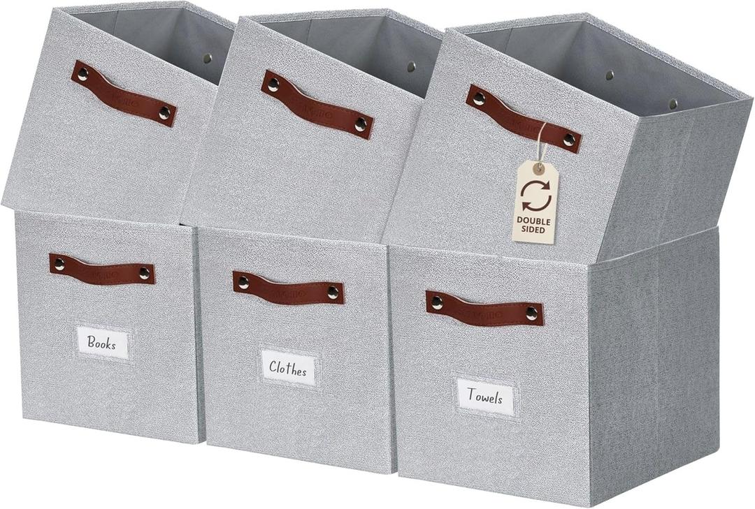 DECOMOMO Storage Bins, Cube Storage Bin with Labels, Fabric Storage Cubes for Shelves (11" / 6pcs, Light Texture Grey)