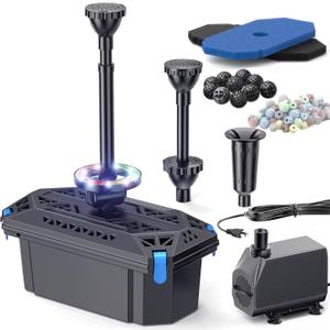 NFESOLAR Pond Filter with Fountain Pump Kits, 660GPH Pond Filter Fountain with Colorful Lights, Multi-layer Filtration, for Outdoor Ponds Up to 2000 Gallons, Fish Tank, Waterscape - Corded Electric