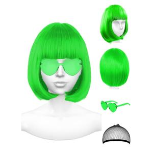 Green Wig and Party Sunglasses, Neon Short Bob Wig, Wigs for Women - Bachelorette St patricks Day Party Wigs Decorations Favors(Green)