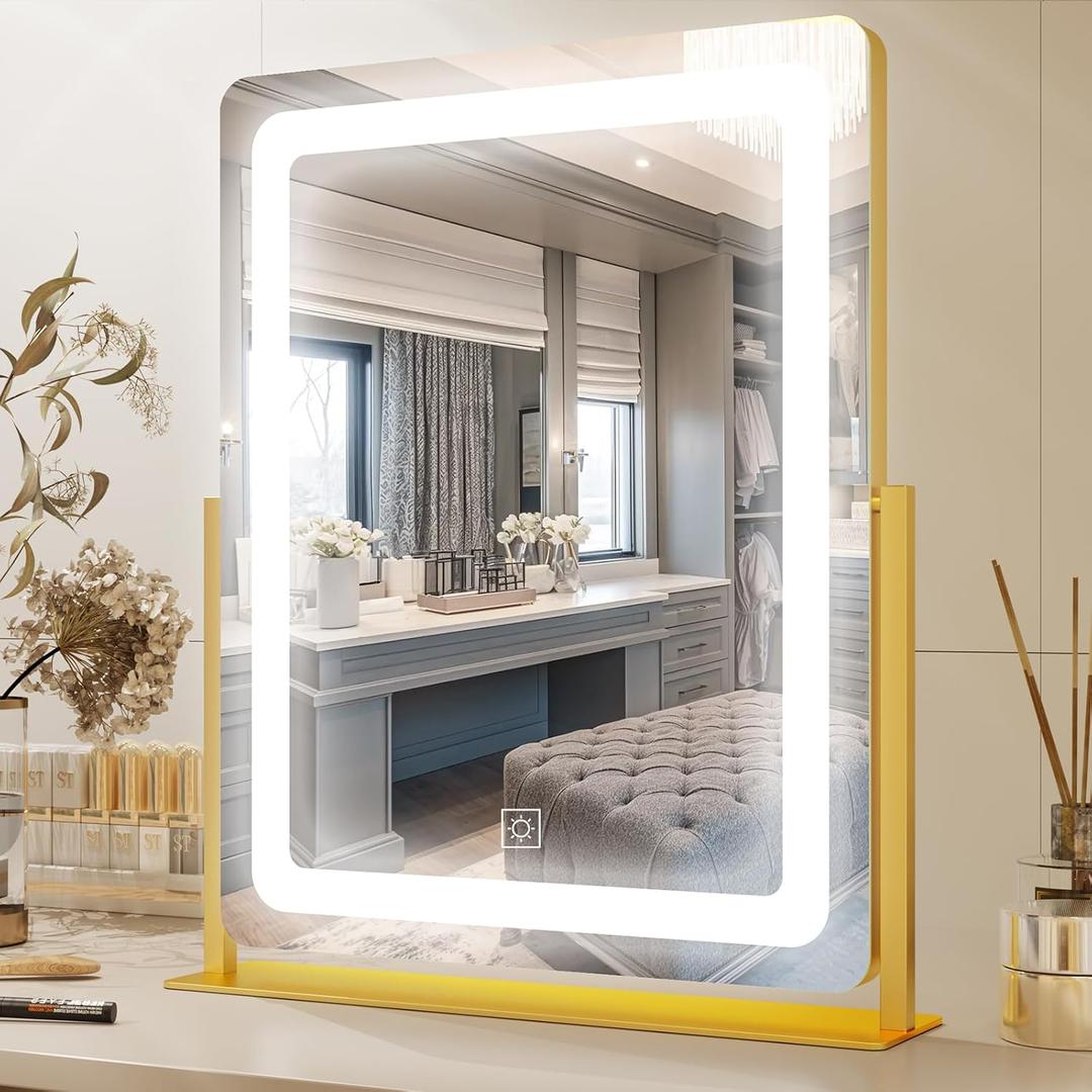 PRIMETEK Vanity Mirror with Lights, 19"x22" Large Makeup Mirror with Lights, LED Lighted Makeup Mirror, Touch Screen with 3-Color Lighting, Dimmable for Vanity Desk Tabletop, Bedroom, Gold