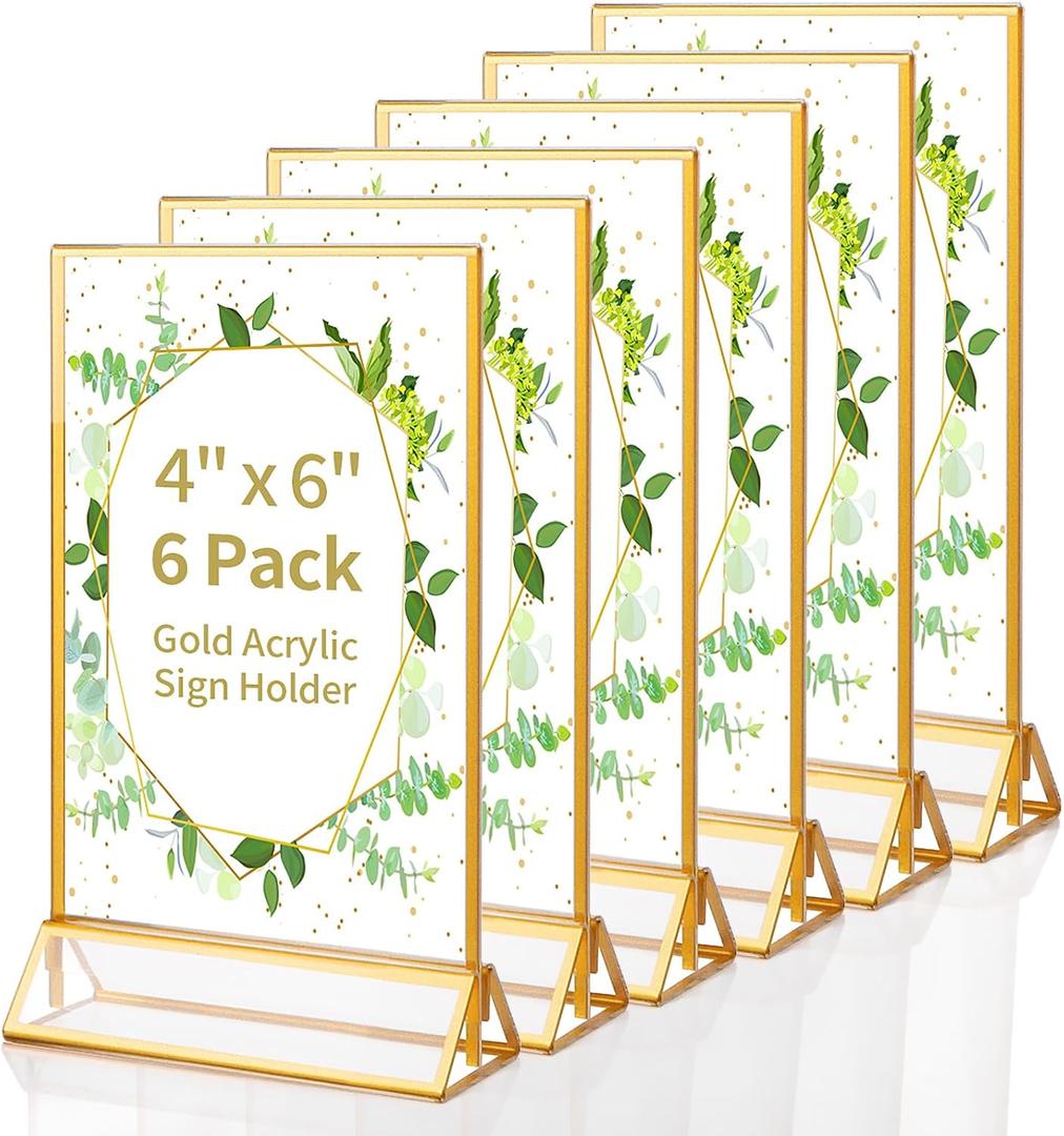 Svalor Gold Acrylic Sign Holder 4X6 inch, 6 Pack Wedding Table Number Frames Vertical , Double Sided Display Gold Picture Frame, Clear Menu Holders for Wedding Reception, Party Decoration