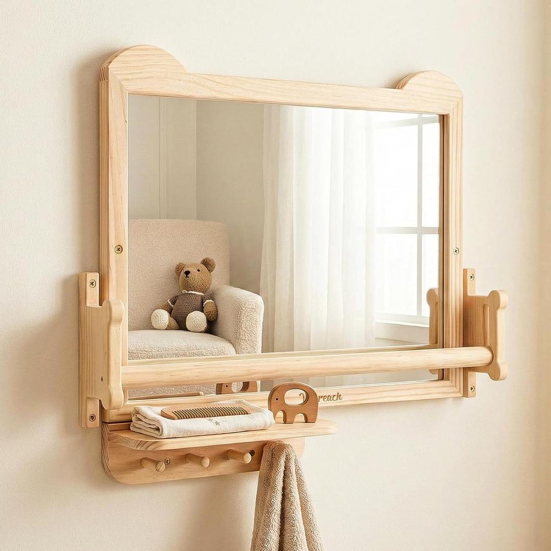Wisreach Montessori Baby Mirror with Adjustable Pull-Up Bar & Shelf, Shatterproof Acrylic, Wall-Mounted for Tummy Time, Infant Standing Training, Toddler Bedroom & Nursery Use