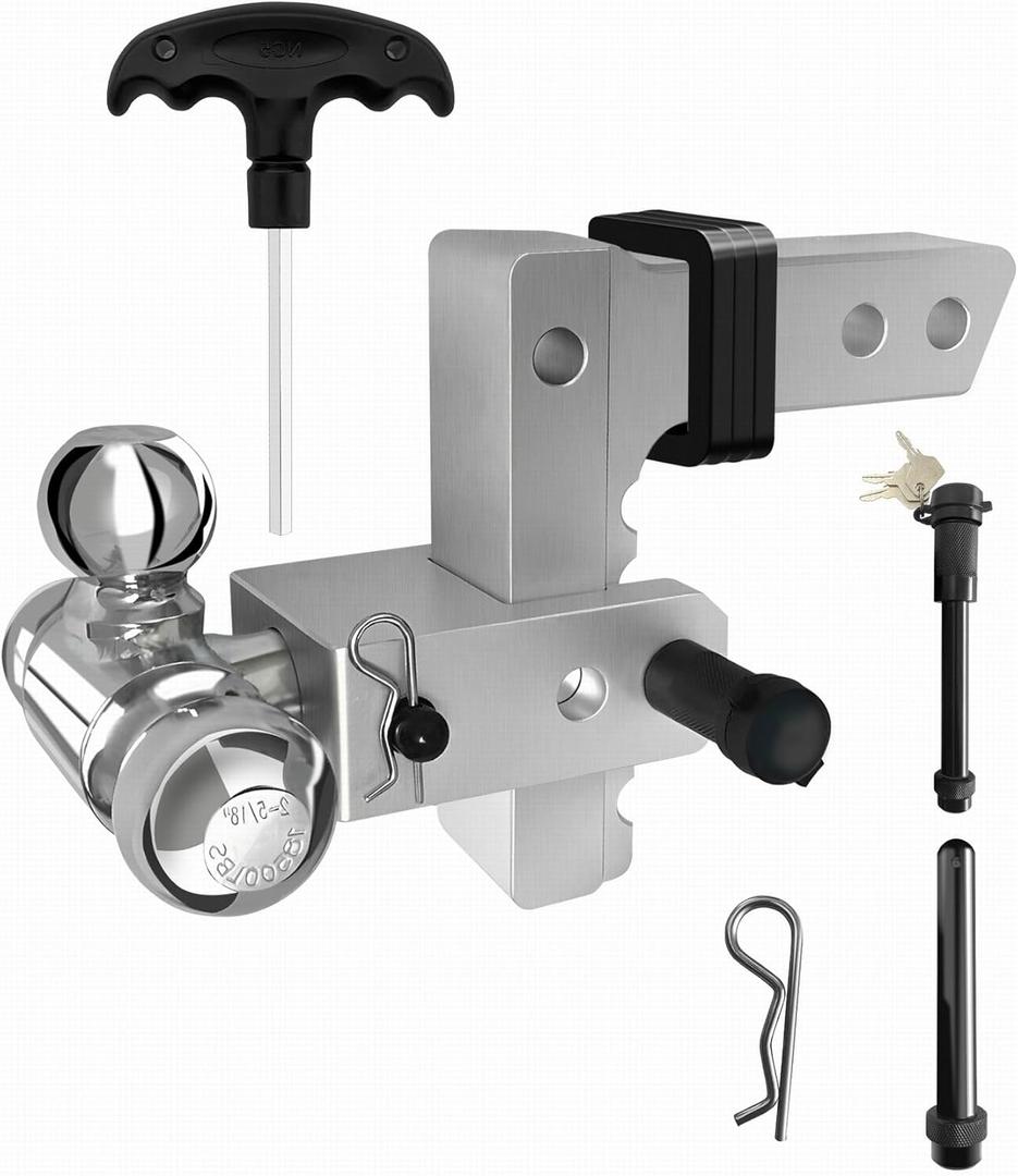 2 Inch Receiver Hitch-Tri-Ball 2 inch Ball Hitch Tow Hitches Trailer Hitch Ball with 6-Inch Drop/Rise-Aluminum Trailer Hitch Ball Tow Hitch Fits for Truck (12,500 LBS GTW) (Silver)