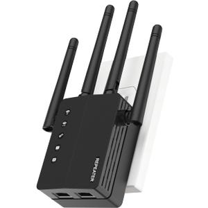 WiFi Extender Signal Booster, Dual Band 2.4/5.8G WiFi Extender  1200Mbps, 12880 Sq Ft Coverage, 105 Devices & 1-Tap Setup for Home Use (Black-U9)