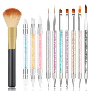 2 x 11PCS Nail Art Brush Set with Nail Dust Brush, Double-Ended Silicone Nail Art Tools for Acrylic Nails, Carving, Painting, Line Drawing, DIY Salon Manicure