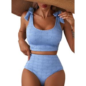 Herseas Women 2 Piece High Waisted Bikini Sets Seashell Textured Tie Strap Swimsuits Bathing Suit Beach Summer Outfits (Blue, L)