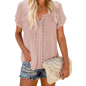 Dokotoo Women's Stylish 2024 Spring Button V Neck Lace Crochet Eyelet Flowy Short Sleeve Blouses Fashion Solid Casual Loose Summer Shirts Tops Resort Wear for Women Pink XL