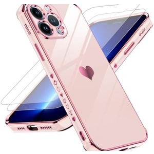 LeYi for iPhone 13 Pro Max Case: with Tempered Glass Screen Protector [2 Pcs]+ Full Camera Lens Protection, Love Heart Plating Girly Women Luxury Soft TPU Shockproof Case for 13 Pro Max, Pink