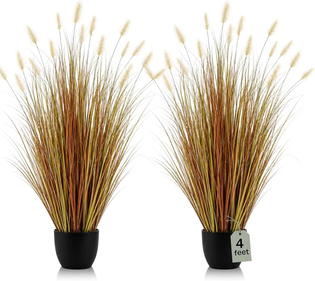 Jexine 2 Pieces 4 ft Artificial Tall Grass Plants Outdoor with Yellow Horsetail Reed Tall Artificial Grass Green Onions Plant Potted for Housewarming Gift House Garden Lobby Outdoor