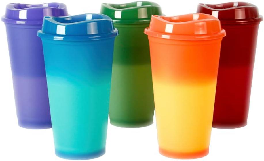 16Oz 5 Pack Color Changing Cups - Reusable Plastic With Lids for Coffee, Juice - Quality Cups for Kids and Adults Parties and Birthday