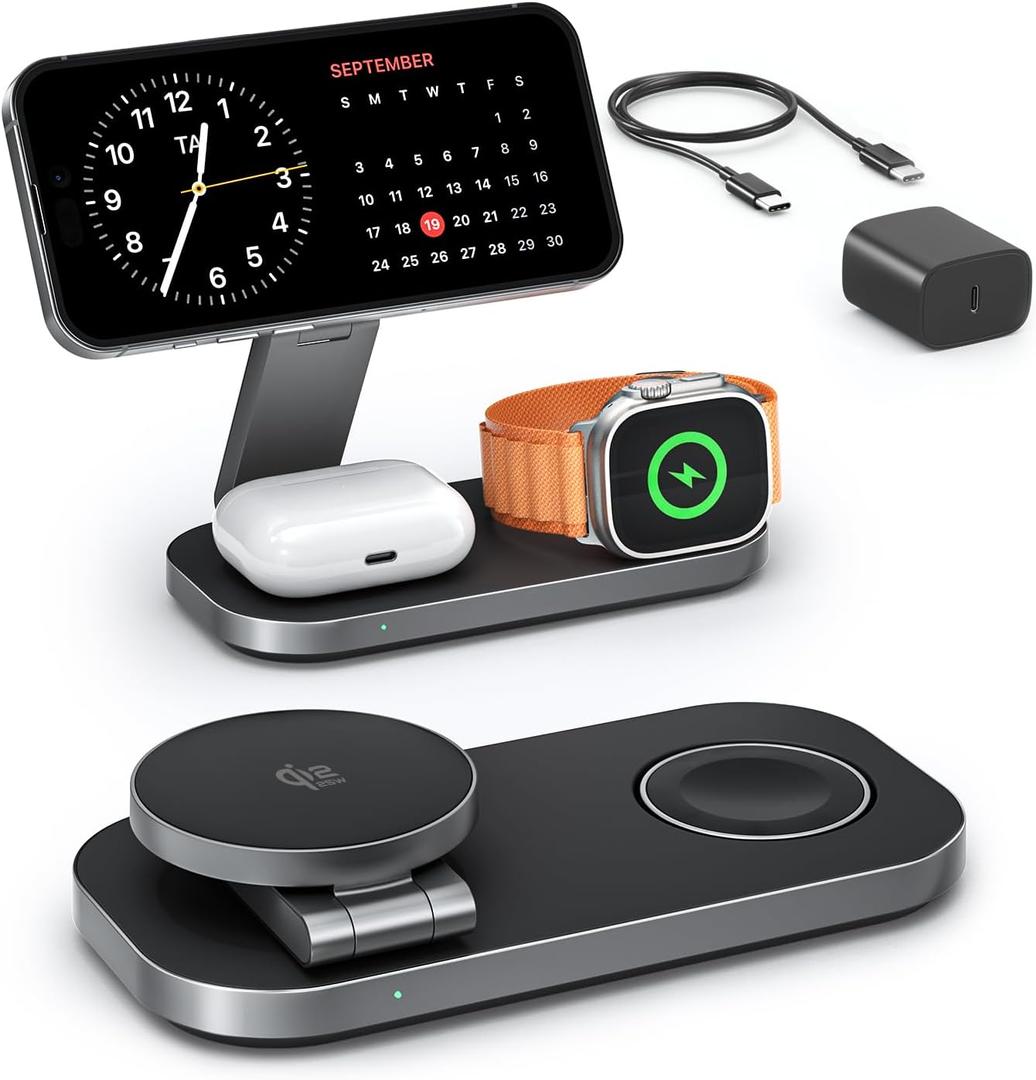 3-in-1 Charging Station for Apple Device, Qi2 25W Certified Magnetic Wireless Foldable Fast Charger Stand Compatible with MagSafe for iPhone 17e/17/16/15/14/13/12/Air Series, Apple Watch & AirPods (MatteBlack)