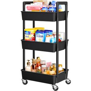 Pipishell 3 Tier Rolling Cart Organizer, Plastic Rolling Cart with Lockable Wheels & Reinforced Handle, Lightweight Utility Storage Cart for Nursery, Kitchen, Craft Room, Black