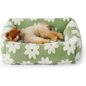 Lesure Cute Dog Bed for Small Dogs - Washable Puppy Beds,Cozy Rectangle Orthopedic Pet Sofa with Jacquard Shaggy Plush & Anti Slip Bottom,25x21x7inches (Flower Garden Green)