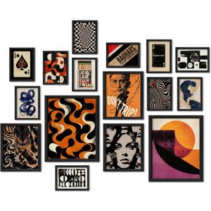 16 PCS Retro 70s Wall Art Decor, Eclectic Vintage Gallery Wall Prints for Bedroom, Abstract Minimalist Posters for Living Room Aesthetic, Collage Kit Pictures, 60s 80s 90s Dorm Home Decor (11"x14" Unframed, Orange)