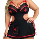 WDIRARA Women's Plus Size 3 Piece Babydoll Lingerie Set Nurse Roleplay Costume Side Tie Lace Cutout Nightdress (XX-Large Plus, Black)