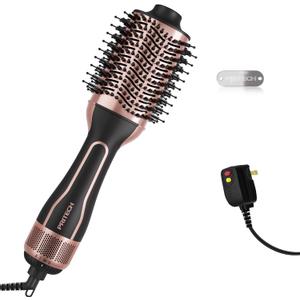 PRITECH 1000W 4 in 1 Hair Dryer Blow Dryer Brush in One,Dual Voltage Hair Dryer and Styler Volumizer with Oval Barrel, Professional Salon Hot Air Brush for All Hair Types (Black Gold)