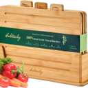 Bamboo Cutting Boards for Kitchen Set of 3, Large 14 x 10 with Holder, Wooden Cutting Board with Juice Groove & Labels for Meat Vegetables Bread