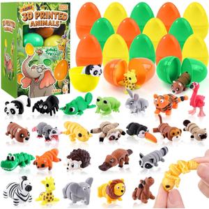 JOICEE 24 PCS Prefilled Easter Eggs with 3D Printed Animal, Jungle Forest Animal Figurines Flexible Articulated Fidget Toys Set for Kids Easter Egg Hunt Basket Stuffers Party Favors