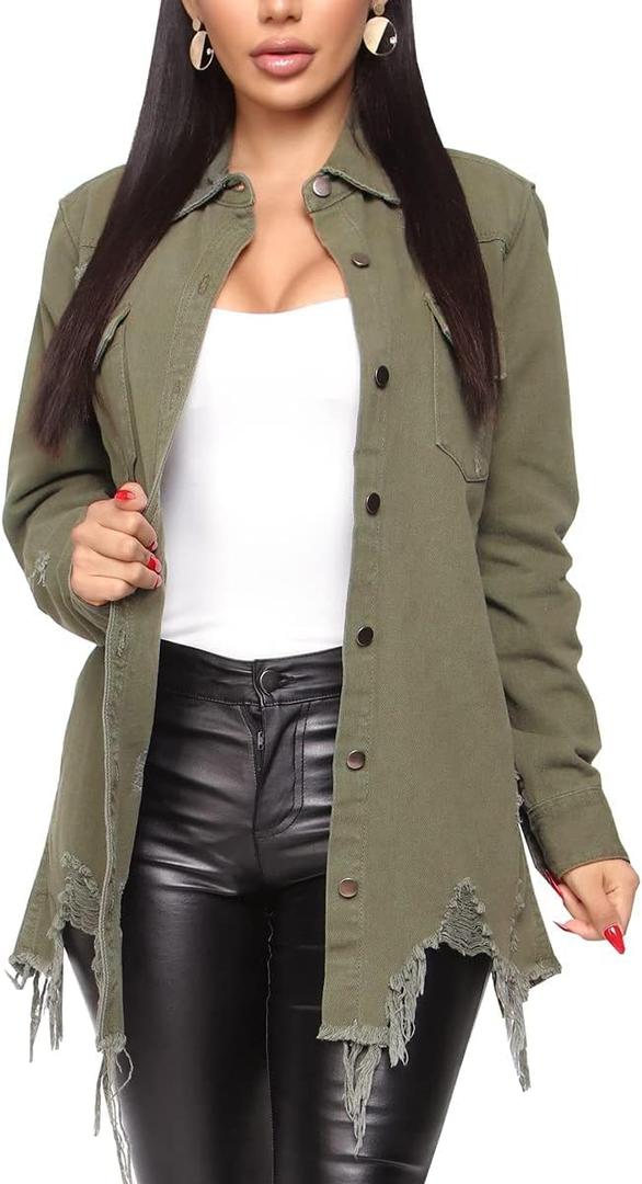 DvaeMalligo Women's Jean Jacket Distressed Button Down Long Sleeve Ripped Oversized Denim Trucker Jean Jackets (Xarmy Green 9642)