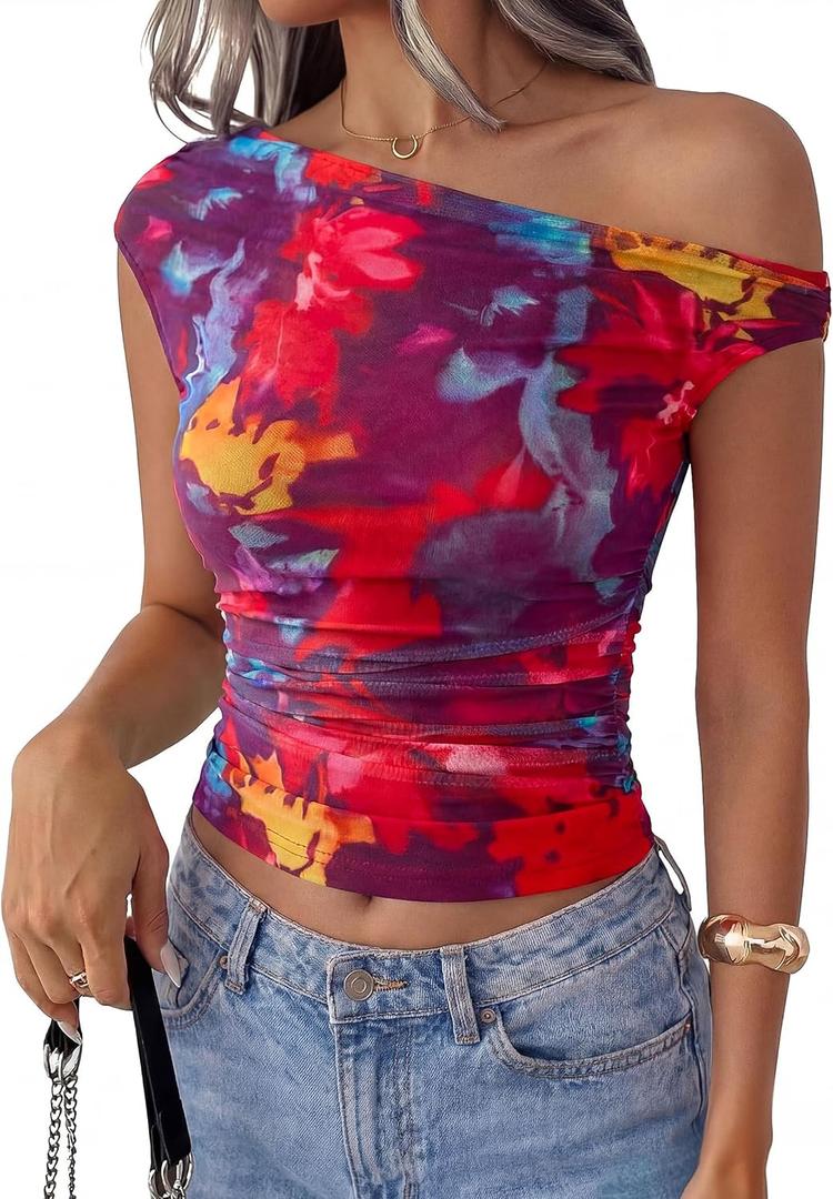 PRETTYGARDEN Women's Off Shoulder Tops 2026 Summer Going Out Crop Tank Tops Asymmetrical Floral Mesh Tight Y2K Shirts Clothes (L)