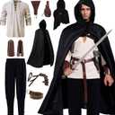 Akokvlar 10 Pcs Men Renaissance Costume Medieval Pirate Shirt Ankle Banded Pants Viking Outfit Set (X-Large, Black)