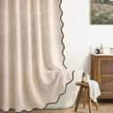 Linen Shower Curtain Beige Cute Black Scalloped Boho Modern Shower Curtains for Bathroom Set, 72" W x 72" L