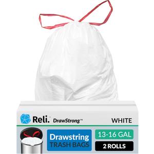 Reli. Drawstring Trash Garbage Bags, Tall Kitchen, 250 Count Bulk, White, 13 Gallon - 16 Gallon Capacity