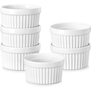 MALACASA Ramekins 4 oz Oven Safe, Porcelain Creme Brulee Ramekins Pudding Custard Cups Small Ceramic Souffle Dishes Ramakan Ramiken Ramicans Baking Bowls Set of 6, White, Series RAMEKIN-DISH