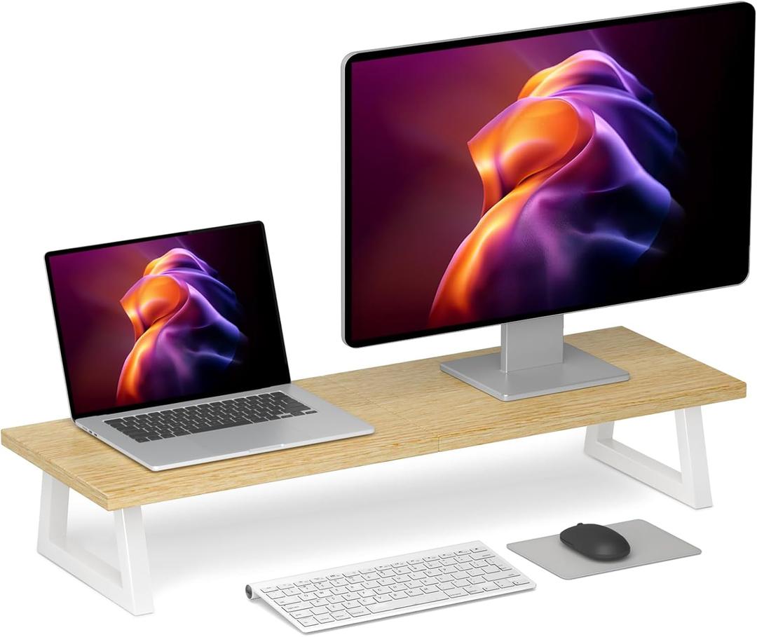 TEAMIX 31.5 inch Dual Monitor Riser - Wide TV Stand for 2 Monitors - Wood & Steel Desktop Riser for Dual Screen Office Desk Organization (Maple)