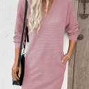 EVALESS Womens Fall Dresses 2026 Long Sleeve V Neck Casual Dress Textured Loose Fit Shift Mini Dress with Pockets (XXL)