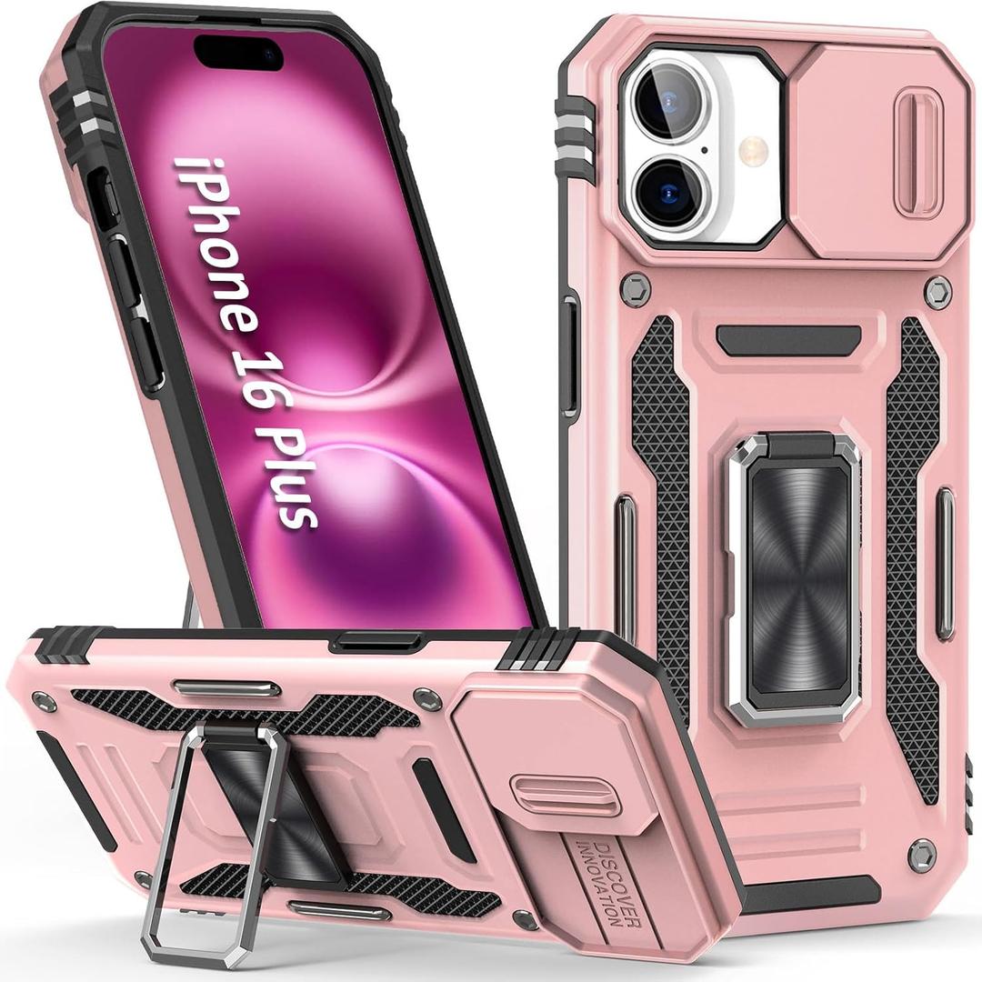 Phone Case for iPhone 16 Plus Case iPhone 16Plus Phone Case with Slide Camera Lens Cover & Kickstand, Dual-Layer Shockproof Military-Grade Drop Protection, for 16 Plus (Rose Gold)