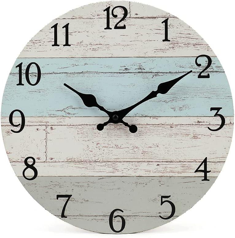 Silent Non-Ticking Wooden Decorative Round Wall Clock Quality Quartz Battery Operated Wall Clocks Vintage Rustic Country Tuscan Style Wooden Home Decor Round Wall Clock (12Inch, Coastal Worn Blue )