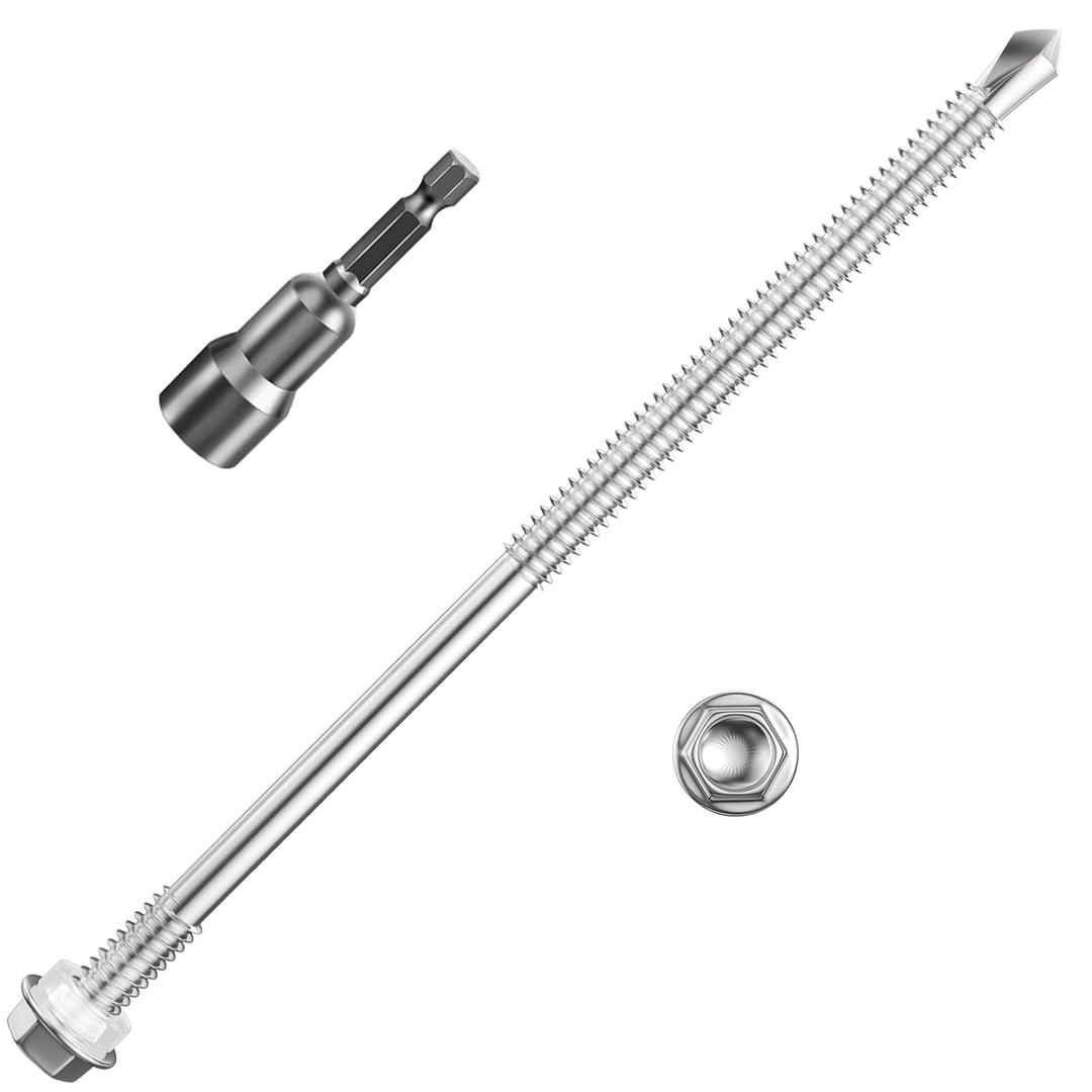 Wensilon (50Pcs)#14×6" Hex Washer Head Self Drilling Screws, 410 Stainless Steel Metal SheetScrews，TEK Screws, Self Drilling Screws, Self Tapping Screws,Extensions Extra Long Screws